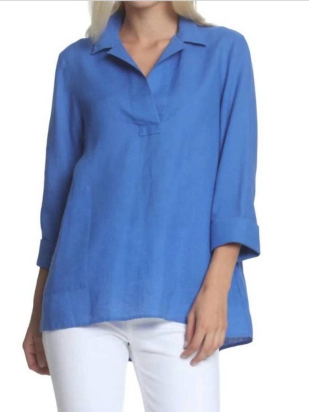 Hinson Wu Luxe Linen Royal Blue 3/4 Sleeve blouse Medium non iron